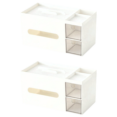 Mass 實用美學多功能 白色 23 x 11.7 x 12cm 雙抽屜桌面收納整理盒 多功能手機支架紙巾盒, 2個
