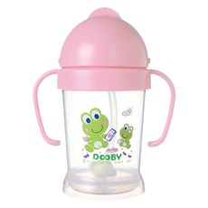 DOOBY 大眼蛙 神奇喝水杯, 食品級矽利康柔軟吸管, 200cc, 防脹氣設計, 斷水蓋設計, 倒置不滲漏, 綠/粉, 顏色隨機, 1個