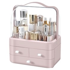化妝品防塵收納箱 一般款 三抽屜帶提把, 櫻花粉, 1個