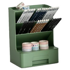 FAmILyLIFE 生活 多功能斜插式附抽屜筆筒收納盒 A-124-GR 寬18 x 深13.5 x 高24cm, 粉墨綠, 1格