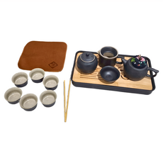 BOACUP 麂皮手提旅行箱大套裝 6件組, 茶壺 ＋ 茶海 ＋ 茶葉罐 ＋ 過濾 ＋ 茶杯 6個 + 夾子 + 茶巾 + 茶盤 + 類麂皮皮箱, 藍色 + 黑色, 1組