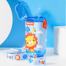 fisher-price 費雪 立體3D圖案矽膠包覆方形兒童用吸管水壺, 1個, 280ml, 藍色
