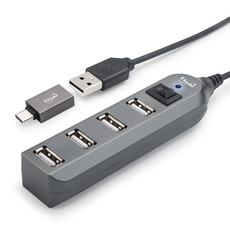 E-books H17 節能開關4孔USB-Hub 贈Type C轉接頭, 黑色, 1入