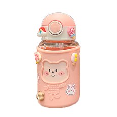 兒童彈蓋吸管小熊水壺, 620ml, PC/PP/矽膠, 粉紅色, 1個