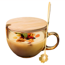 上手家居 木蓋早餐杯 480ml玻璃燕麥杯附木蓋湯匙 大容量, 1個, 琥珀色