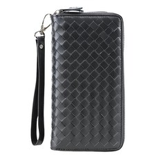 真皮頭層牛皮手工編織雙拉鍊15卡位男士長夾錢包 大容量隔層多, 黑色, 10 x 19 x 4.5cm
