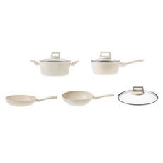 Vilivin IH電磁爐適用 鍋具5件組, 單柄湯鍋18cm + 雙耳湯鍋24cm + 平底鍋28cm + 炒鍋28cm + 玻璃鍋蓋28cm, 奶油白, 1組