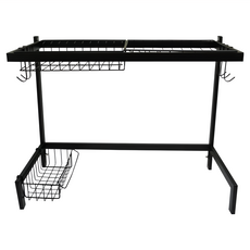 雙手萬能 不鏽鋼廚房水槽瀝水架 68cm 碗架+盤架+收納籃+掛勾, 經典黑色, 1個