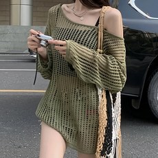 慵懶側開岔洞洞長袖罩衫, 肩寬58cm 胸寬63cm 袖長57cm 全長70cm, 灰綠色