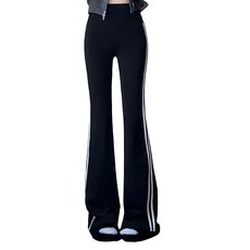 高腰雙條紋微喇叭闊腿褲，視覺顯瘦收腰，建議身高150-163CM, M, 黑