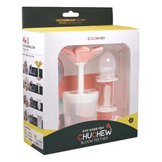 COCONORY 4合一套組 固齒器+底座加蓋+副食品網袋+牙刷水杯, 花朵造型固齒器+副食品網袋+矽膠牙刷+水杯, 粉色, 1組