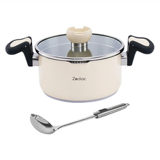 Zodiac 諾帝亞 304不銹鋼陶瓷雙耳瀝水鍋 附304湯杓, 米白色, 20cm, 1個
