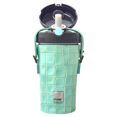 PURENINE Kids頂級時尚彈蓋隨身戶外旅行兒童保溫杯 水壺 Set, 湖綠色皮套 + 黑蓋瓶, 290ml, 1個