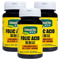 National Vita 顧可飛 葉酸錠，每錠含葉酸400微克，無人工色素，無防腐劑, 250顆, 200mg, 3罐