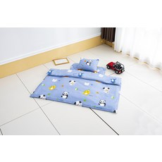愛北鼻 幼兒園睡墊三件組 絲柔棉止滑款 藍萌可熊貓, 藍萌可熊貓 藍色, 枕頭(30 x 40cm)+睡墊(70 x 120cm)+涼被(120 x 150cm)