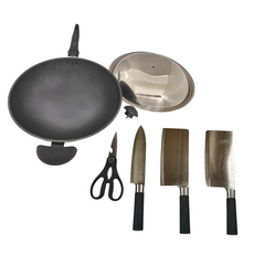 大富 派樂 遠紅外線備長炭6層結構專利炒鍋套裝，台灣製造36cm, 炒鍋 36cm附不鏽鋼鍋蓋 + 德式合金鋼刀具4件式 + 航鈦合金不沾鍋 + 炒菜鍋 + 主廚菜刀法寶, 1組