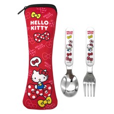Hello Kitty 凱蒂貓 兒童二件式餐具組, 湯匙 + 叉子 + 收納袋, 紅色, 1組