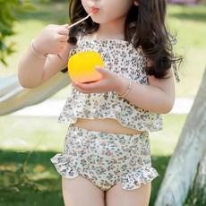 女寶綁帶短袖分體泳衣組+泳帽 INS碎花, 3XL, 米色