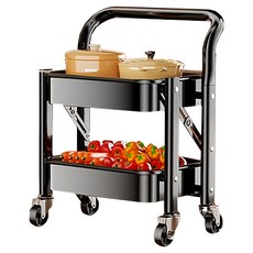 小麥購物 多功能落地廚房置物小推車 L1238 扶手款, 黑色, 2層