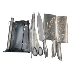 6件套壓克力底座菜刀組 不鏽鋼材質 一體成型刀柄 配刀具收納架, 切片刀 + 菜刀 + 磨刀棒 + 廚師刀 + 廚師剪 + 刀座, 1組