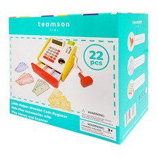 TEAMSON 小幫手木製聲光收銀機組 Set 22, 角色扮演配件，含玩具錢和掃描器, 混合顏色, 1盒