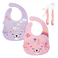 Brunoko 嬰兒餵食套組 3件組 防水矽膠圍兜 嬰兒勺子和叉子, 粉色 + 紫色, 1組, 2件