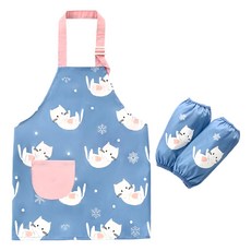 兒童動物印花小口袋防水防油畫畫兜 + 袖套, 150碼, 小喵 藍色