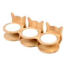 喵仙兒 三胞胎貓耳碗架組，松木+瓷碗, 原木色 + 白色, 1組