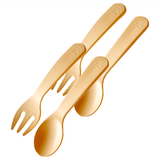 MOTHER'S CORN 兒童學習湯叉組 彎曲設計 玉米材料製成, 2 支兒童湯匙 + 2 支叉子, 黃色, 2組