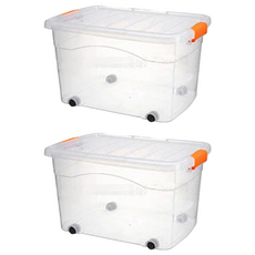 德利生活 收納箱 62L 透明 滑輪設計 居家收納, 2個