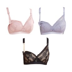 香草甜心 下掀式蕾絲透氣薄襯墊防下垂提胸哺乳內衣3件組 - 彈力親膚, 質感花邊, 前開扣, 34, 黑色 + 粉色 + 藍色