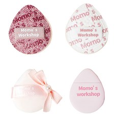 MoMo's Workshop 毛吉吉迷你手指粉撲MIX4件組 夏日丹寧款 附收納袋, 迷你便攜, 柔軟親膚, 1組, 粉色 + 白色