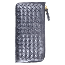 真皮羊皮手工編織L型拉鍊長夾手包 12卡位 2票據位 黑色 KN117