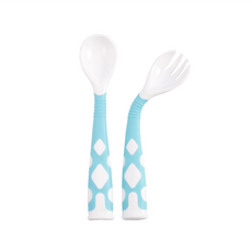 EXPECT 彎彎叉匙組 寶寶第一組學習餐具 柔軟橡膠防滑 可全角度彎曲, 湯匙1入 + 叉子1入, 藍色, 1組