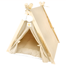 哈囉毛孩 可拆洗四季通用實木三角寵物帳篷 全齡貓/小型犬適用 寬敞大空間, 米白, 1個