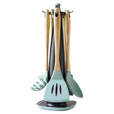 Jasmine’s Kitchen 小茉廚房 矽膠櫸木廚具6件組, 青草綠, 1組, 煎鏟 + 湯勺 + 淺湯勺 + 麵勺 + 刮刀 + 旋轉掛勾檯