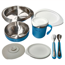 VIIDA 抗菌不鏽鋼餐具旗艦組, 304L不鏽鋼, 耐熱 -30°C~250°C, 寶貝藍, 餐盤 + 餐碗 + 杯 + 叉子 + 湯匙 + 防滑矽膠吸盤, 1組
