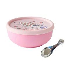 KOM 316不鏽鋼兒童隔熱餐碗, 水果牛, 矽膠上蓋 + 湯匙, 1組