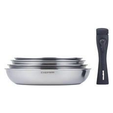 CHEFWIN 電磁爐316不鏽鋼平底鍋組合 多尺寸鍋具套裝, 1組, 混和顏色, 鍋子 28cm + 26cm + 24cm + 22cm + 可拆卸手把 19 x 4cm