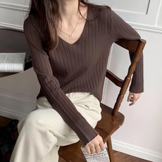 氣質神柔軟坑條針織 V領長袖上衣, F, 咖色