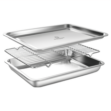 WAGENSTEIGER 不鏽鋼托盤組 不鏽鋼盆, XL(托盤 x 2入+瀝油架 x 1入), 不鏽鋼色, 1組