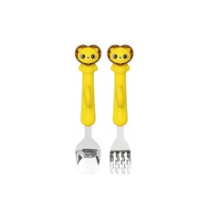 Edison 朋友Ring指環訓練湯叉組 弧度設計 鋸齒結構防止麵類滑落, 獅子 黃, 獅子 黃, 湯匙+叉子, 1組