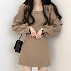 方領收腰顯瘦後綁帶長袖洋裝