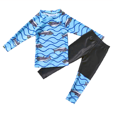 男童長袖分體泳衣 上衣 + 泳褲 無泳帽, 130~140cm(3XL), 淺藍