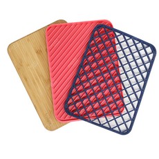 trebonn 砧板瀝水盤隔熱墊3件組 TRE-1120108 多功能廚房墊 隔熱防潮 廚房收納好幫手, 木頭色 + 紅色 + 深藍色, 1組
