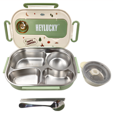 A&R 316不鏽鋼餐盤組 1500mL 可直接微波 附湯碗, 熊熊款, 四格便當盒26 x 17.5 x 7.5cm + 湯碗10 x 4cm + 湯匙3.5cm + 筷子17cm, 1組