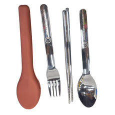 矽緻收納不鏽鋼餐具套裝 304不鏽鋼, 珊瑚紅, 湯匙 + 叉子 + 筷子 + 收納套, 1組