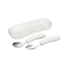 Richell 利其爾 TLI 不鏽鋼匙叉組, 附收納盒, 好握手把設計, 米色, 1組, 匙, 叉, 盒子