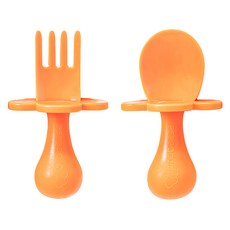 grabease 嬰幼兒奶嘴匙叉2件組, 符合人體工學球型握把, 安全PP材質, 通過美國FDA認證, 適合6個月以上寶寶, 奶嘴匙 + 奶嘴叉 + 收納盒, 橙橘, 1組