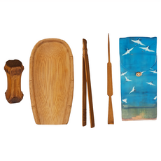 PUSH! 喝茶工具5件組, 竹製, 含棉麻收納袋, T23, 1組